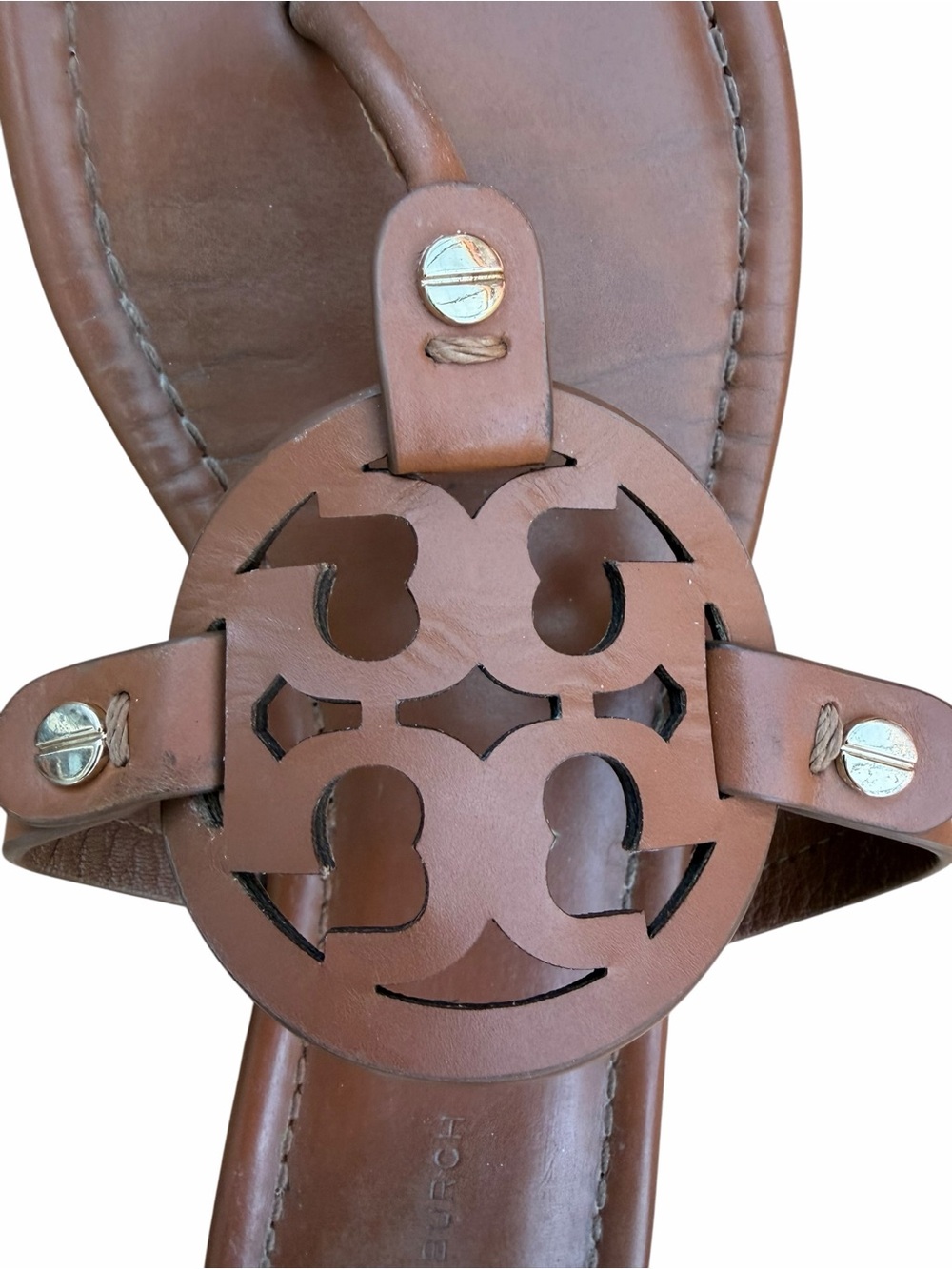 Tory Burch Miller Sandals Brown Leather Logo Thong Flats Size 8 - Picture 5 of 8